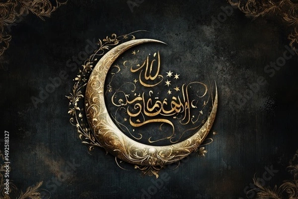 Fototapeta Ornate crescent moon design with golden calligraphy.