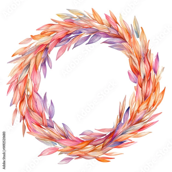 Fototapeta Watercolor illustration of a round Easter wreath with colorful leaves and flowers on a white background. Perfect for holiday cards, decorations or branding. The abstraction is a round frame.