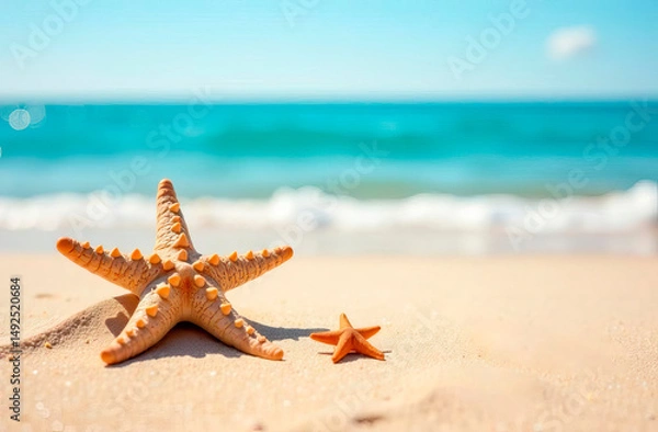 Fototapeta Tropical sandy beach background with seashells and empty space for text. Perfect for advertising, travel promotions, vacation themes, product displays, and marketing materials.