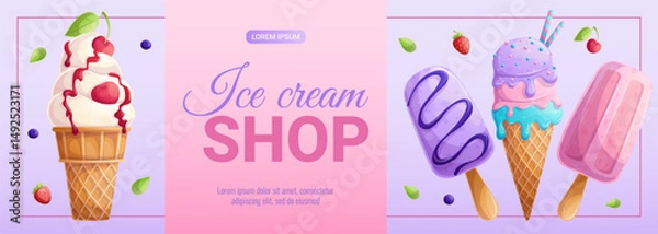 Obraz Promo banner for an ice cream shop. Different types of ice cream. Vector illustration for posters, banners, advertisements, flyers