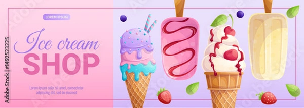 Obraz Promo banner for an ice cream shop. Different types of ice cream. Vector illustration for posters, banners, advertisements, flyers