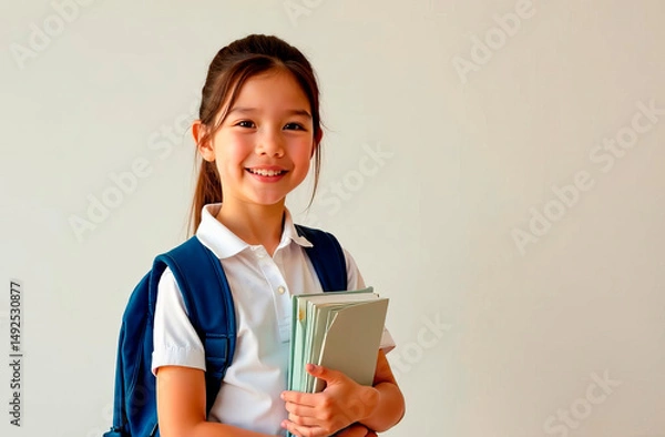 Fototapeta A school banner depicting a smiling girl in a school uniform with a book and a backpack in her hands on a neutral background. It is ideal for educational campaigns and "Back to School"