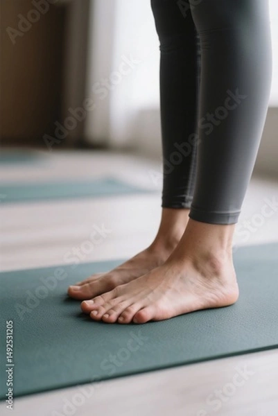 Obraz there is a woman standing on a yoga mat with her feet on the floor