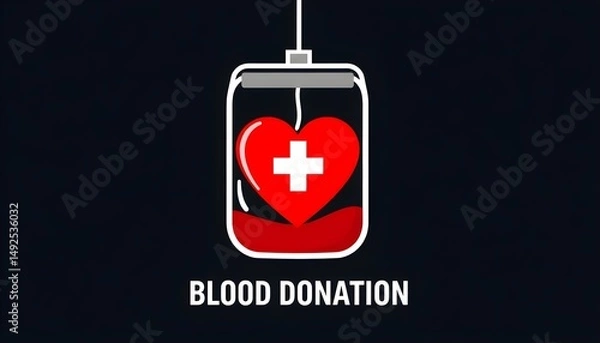 Fototapeta A stylized blood bag with a medical cross symbol, connected to a heart shape filled with blood. The design emphasizes the concept of blood donation, featuring bold red colors and simple, clean lines. 