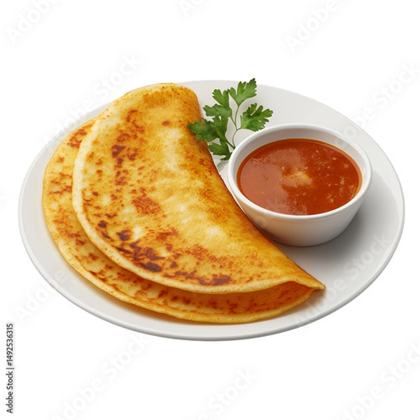 Fototapeta Two crepes with sauce and garnish on a white plate on transparent background