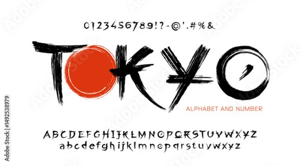 Obraz Handwritten Latin Alphabet in Traditional Japanese Ink Style - Brush Font with Calligraphic Letters, Numbers and Symbols.