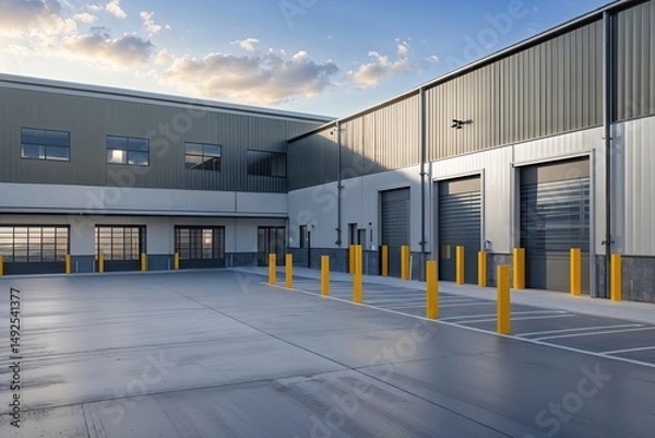 Fototapeta Industrial Warehouse Complex with Office Space and Loading Docks for Lease