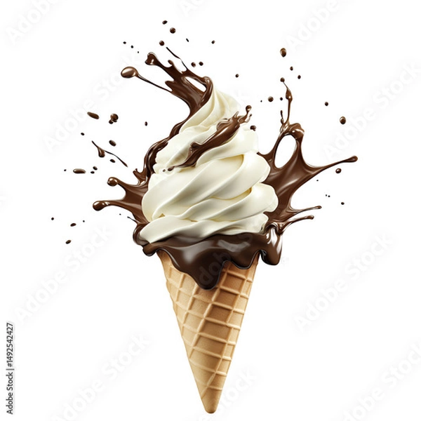 Fototapeta Ice cream cone with chocolate splash on black ground on transparent background