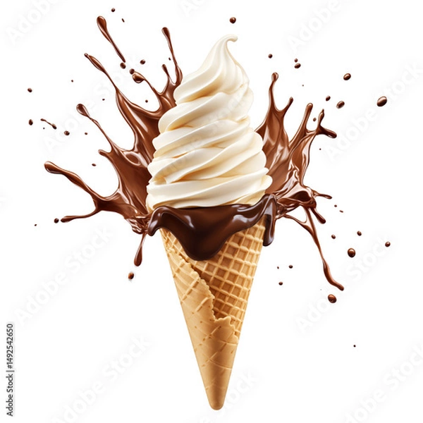 Fototapeta Vanilla ice cream cone with chocolate splash around on transparent background