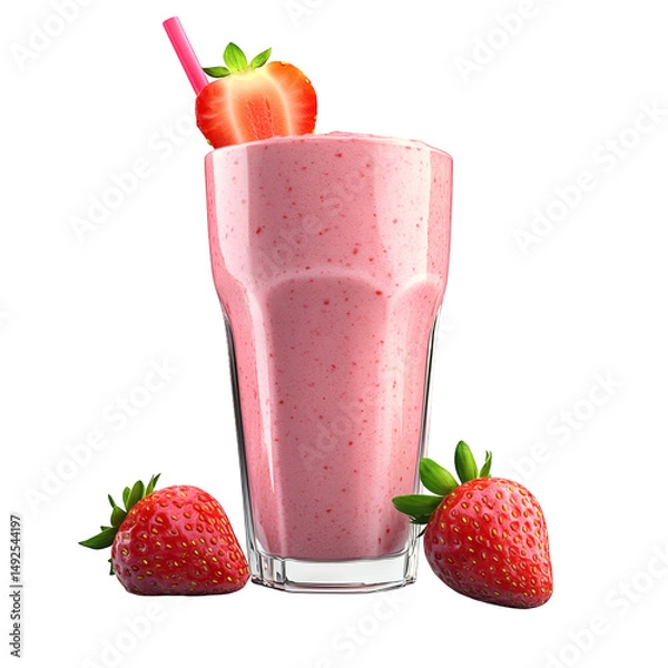 Fototapeta A glass of strawberry smoothie with fresh fruit near on transparent background