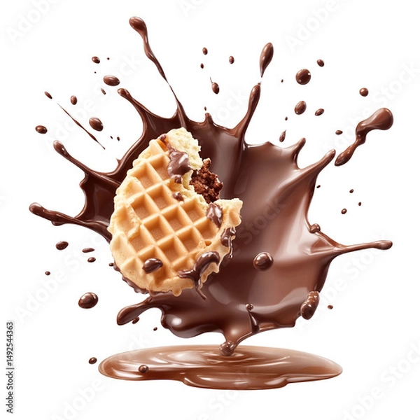 Fototapeta A waffle with chocolate splash on a black background on transparent background