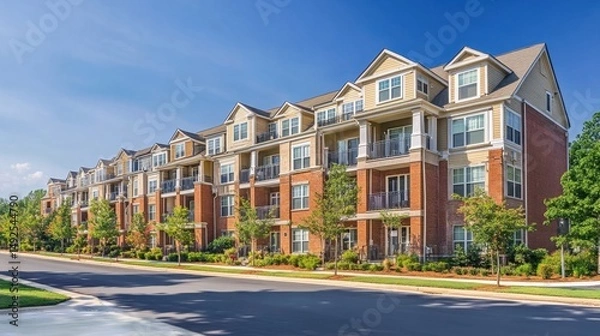 Fototapeta Mid-level angle showing uniform balconies and brick finishes on a stretch of townhomes