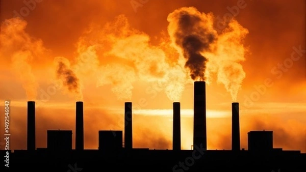 Fototapeta Industrial smokestacks silhouetted against a dramatic orange sky, releasing plumes of smoke into the atmosphere at sunset.