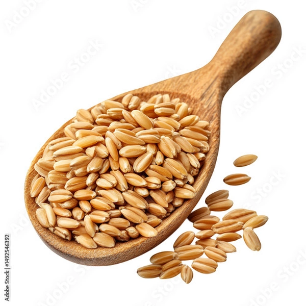 Fototapeta Wheat grains in a wooden spoon close up isolated on transparent background