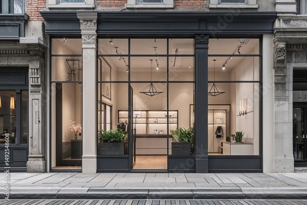 Fototapeta Stylish Chic Urban Retail Office Front Design with Stripped Building Architecture and Authentic Compositions