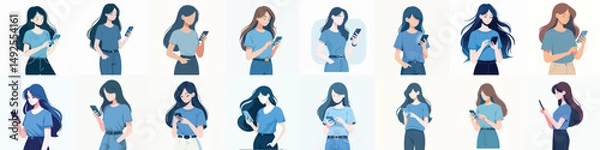 Obraz Vector set of women playing smartphone on white background