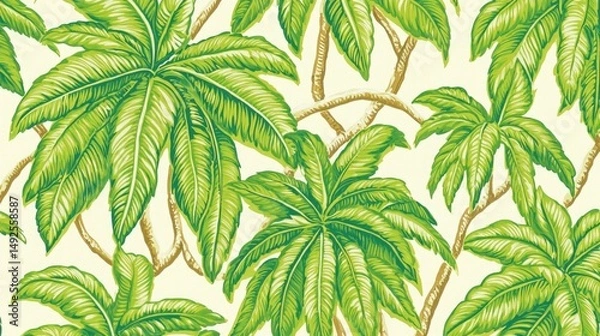 Obraz Sustainable Palm Tree Pattern, Stylized Green Foliage Design, Natural Brown Trunk Geometry, Light Yellow Background Texture, Tropical Renewable Energy Motif