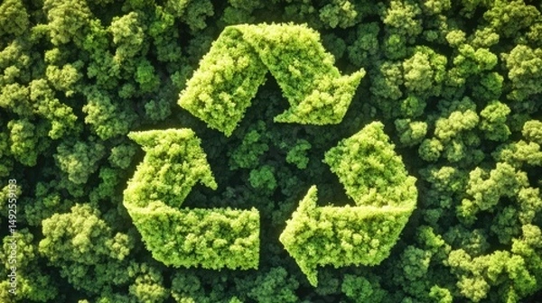 Obraz Forestry-Inspired Recycling Symbol, Dense Foliage Triangle Design, Aerial Forest Background Gradient, Circular Economy Visualization, Biophilic Surface Pattern Art
