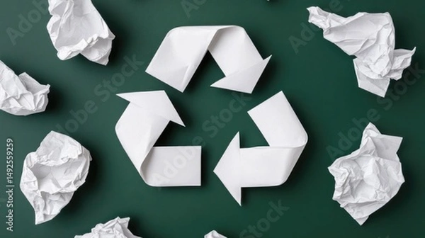 Obraz Folded Paper Recycling Symbol Design, Dark Green Background with Crumpled Paper Accents, Circular Economy Visualization, Sustainable Materiality Concept, Industrial Symbiosis Artwork