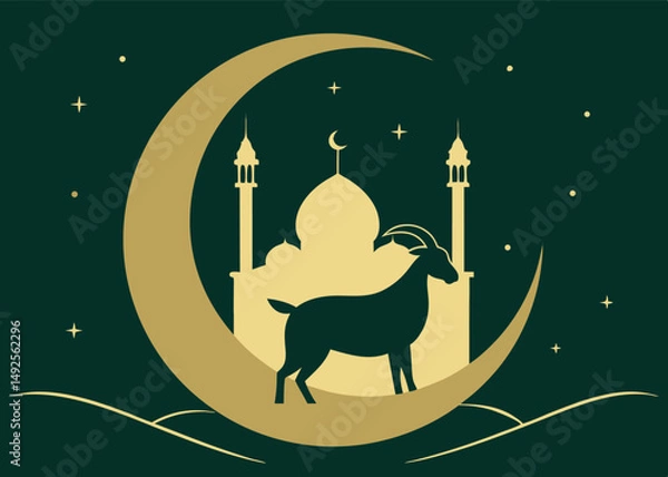 Fototapeta Silhouette of goat stands on moon with mosque in background against night sky