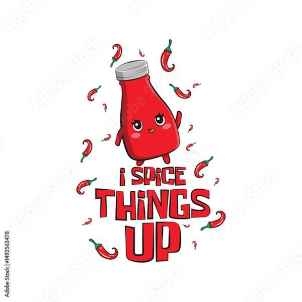 Fototapeta Cute bottle of tomato ketchup sauce with a funny quote "I spice things up". Vector illustration