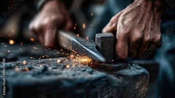 Obraz Close-Up of Hands Sharpening Axe Blade