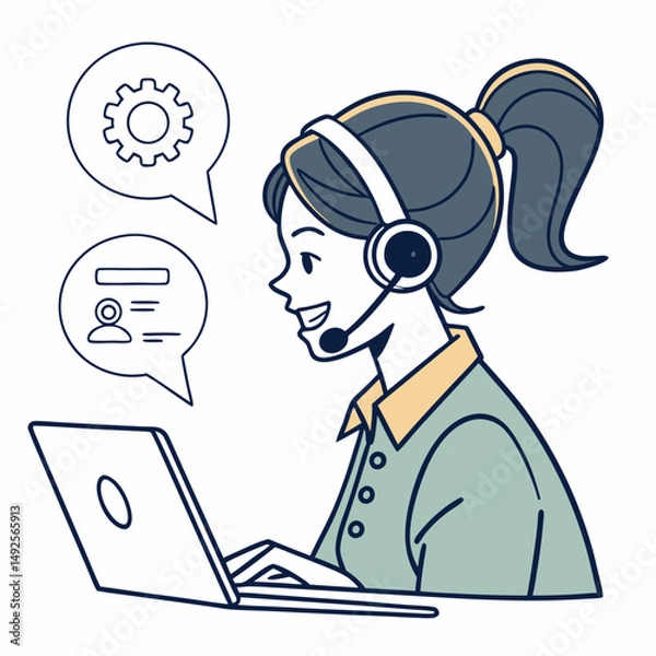 Obraz Call center operator with headset web icon design. Call center avatar set. Client services and communication, customer support, phone assistance, information, solutions.	
