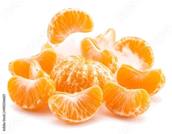 Obraz Peeled Mandarin Orange Segments Arranged On White Background In Close Up View