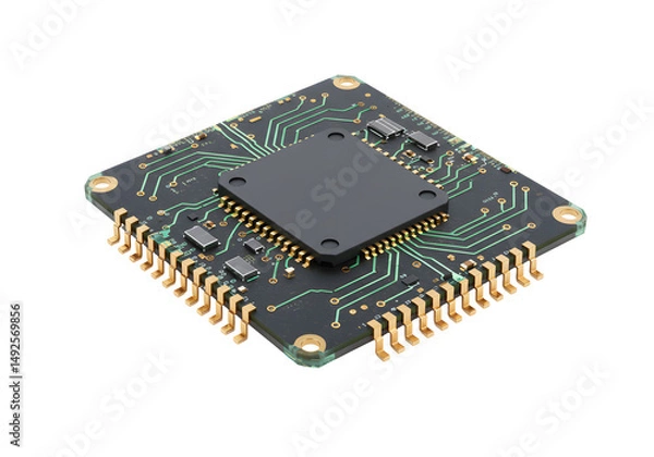 Fototapeta 精密な回路基板、鮮やかな緑と金の輝き、緻密な配置