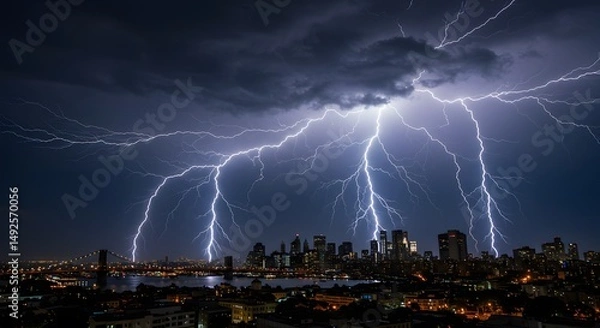 Obraz Thunderstorm with Lightning Over City