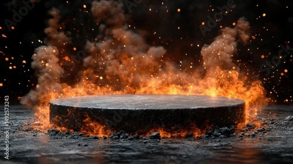 Fototapeta Fiery, circular stone pedestal