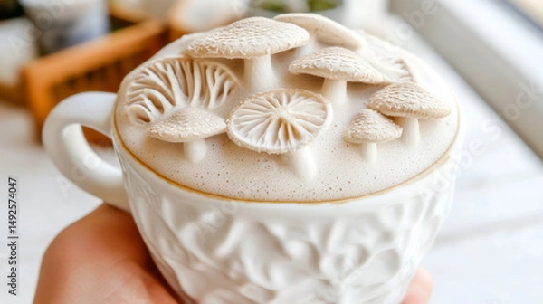 Fototapeta Latte art featuring a mushroom design in coffee cup on wooden table
