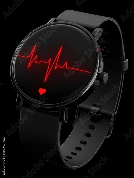 Fototapeta Smartwatch displaying heart rate monitor in studio shot on black background for health and fitness tracking with modern design and technology
