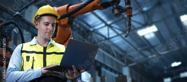 Fototapeta professional engineer, robotic technician work in modern factory industrial robot welding arm advance machine wide banner concept