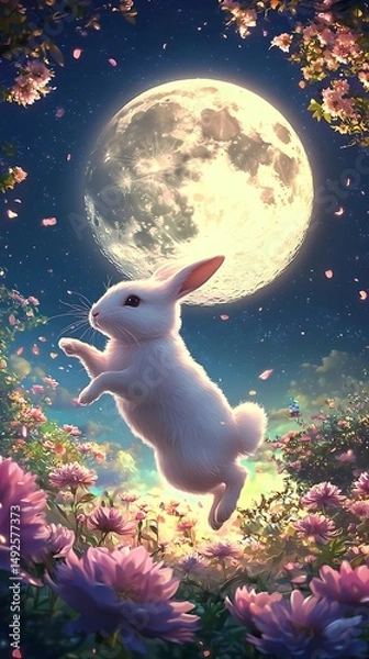Fototapeta Whimsical white rabbit leaps amid moonlit flowers