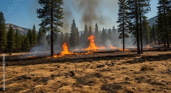 Fototapeta Forest Fire Burning in Dry Landscape