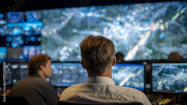 Fototapeta Wide-angle shot of a coordination center during a national emergency, with rescue experts analyzing live infrastructure damage reports and traffic data overlays