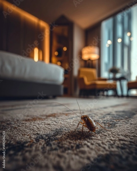 Fototapeta Cockroach crawls on carpet in luxury hotel room at low angle showing pest control problem and infestation