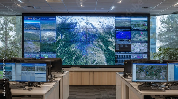 Obraz Crisis room filled with large-format screens, rescue teams coordinating flood rescue with drones, GPS tracking, and real-time citizen distress markers on display