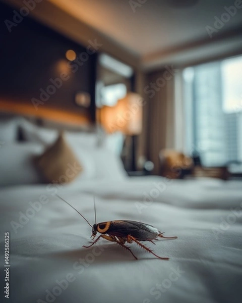 Fototapeta Cockroach on Bed in Hotel Room Close Up Pest Control Issue Unsanitary Conditions Problem Infestation Inspection
