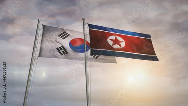 Obraz South Korea and North Korea waving flags 3d illustration