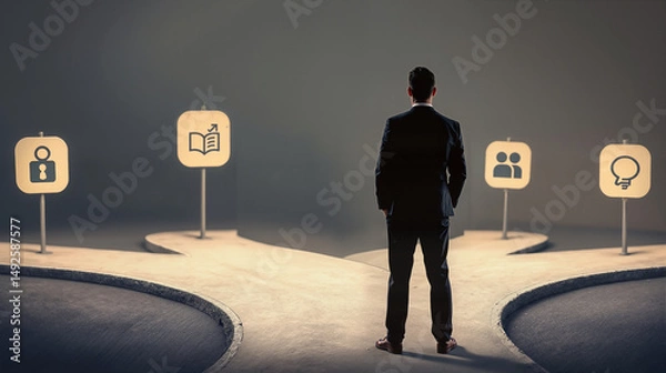 Fototapeta Businessman at Crossroads Facing Decisions, Business Strategy and Opportunities: Career Path Choice with Icons Representing Skills, Learning, Teamwork and Innovation
