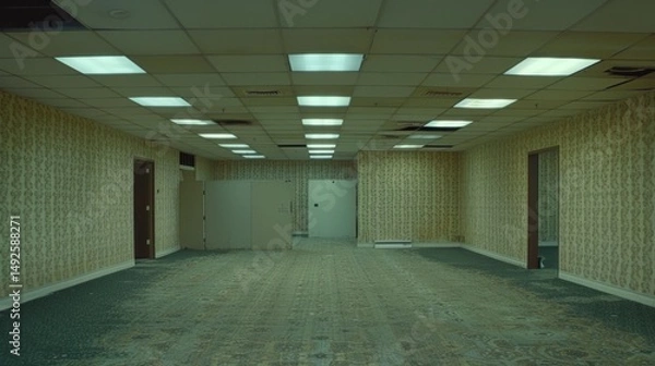 Fototapeta Backrooms creepy three dimensional design. Liminal space  abstract interior. Alone in abandoned building 3d render illustration, nightmare or a bad dream. Game concept