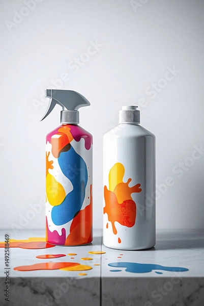 Fototapeta Colorful Cleaning Spray Bottle and Container with Paint Splashes on Bright Background Creative Housekeeping Concept