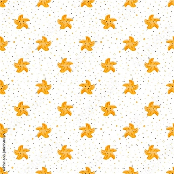 Fototapeta Seamless pattern with big watercolour dancing starfish, dots band circles on a white background