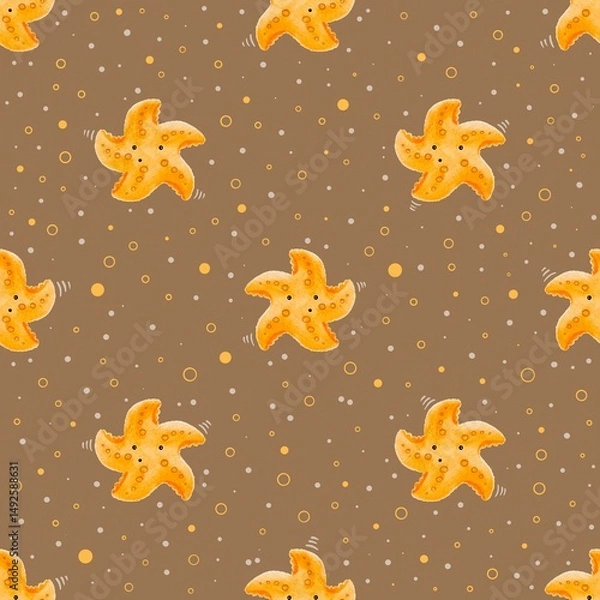 Fototapeta Seamless pattern with big watercolour dancing starfish, dots band circles on a brown background