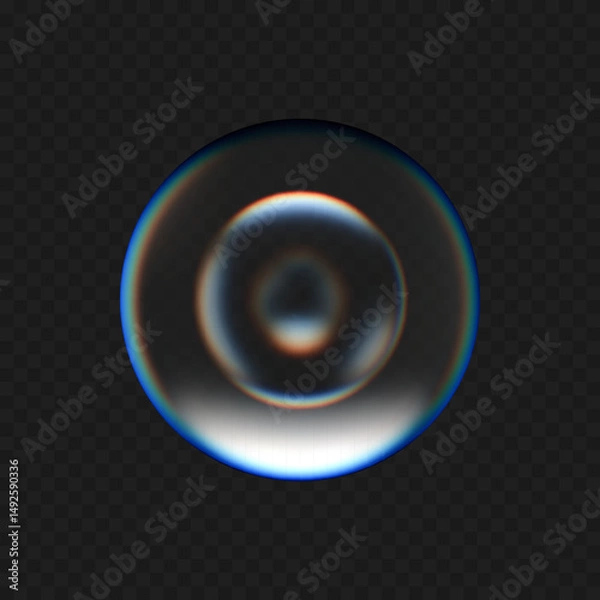 Fototapeta Realistic 3D glass sphere lens with transparent holographic dispersion effect isolated on dark background. Round reflection molecular ball in vector illustration. Medical collagen molecule drop.