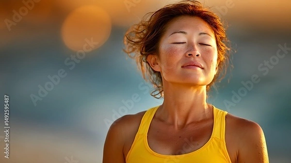 Obraz Serene woman enjoying the sun with closed eyes in nature, breathing deeply for relaxation