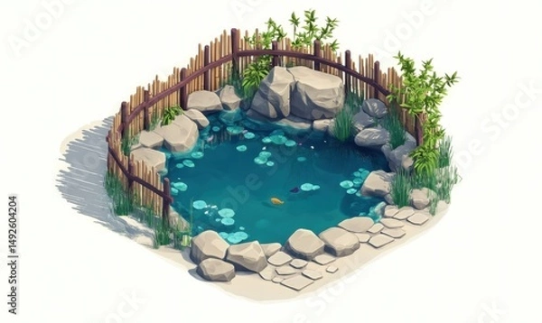 Obraz Zen garden pond, fish, rocks, bamboo fence, isometric view, peaceful scene, website design