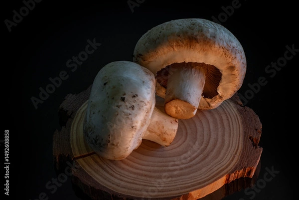Obraz A pair of edible mushrooms on a wood slice on dark background